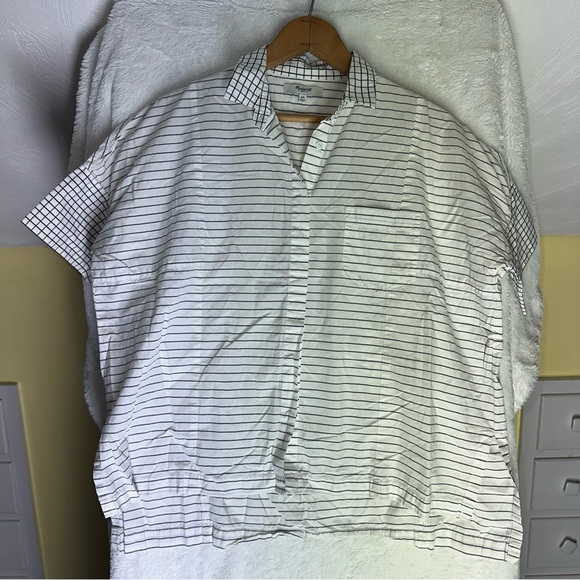 Madewell Grid Mix Stripe Short Sleeve Shirt Blouse Button Front Oversized Top XS - Picture 2 of 10